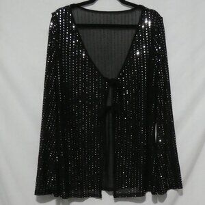 SHEIN - Curve | 2XL | Sheer Sparkling Black Sequin Cardigan | Lace Up Front